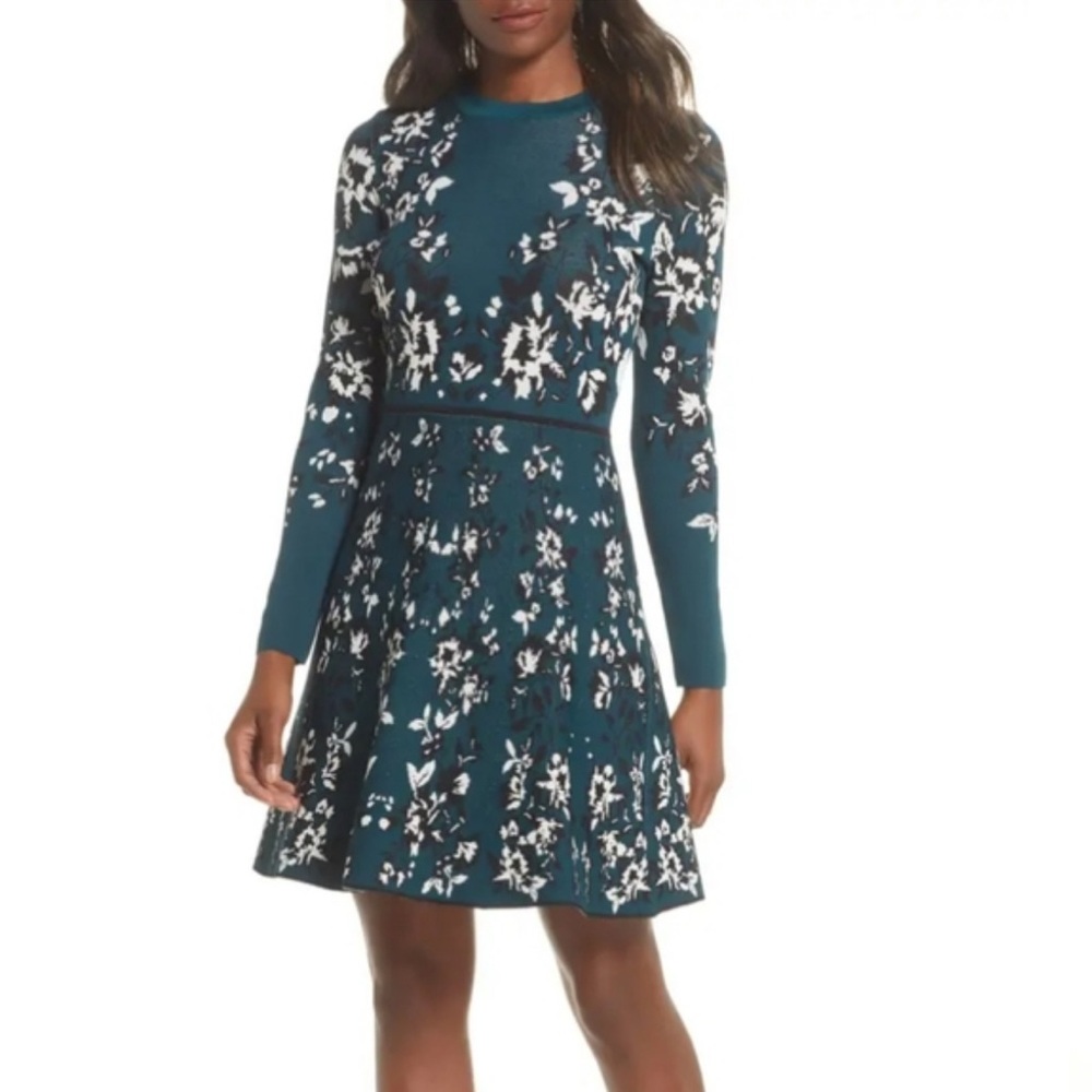Eliza J Teal Floral Fit & Flare Sweater Dress Long Sleeve Knit Petite Large
